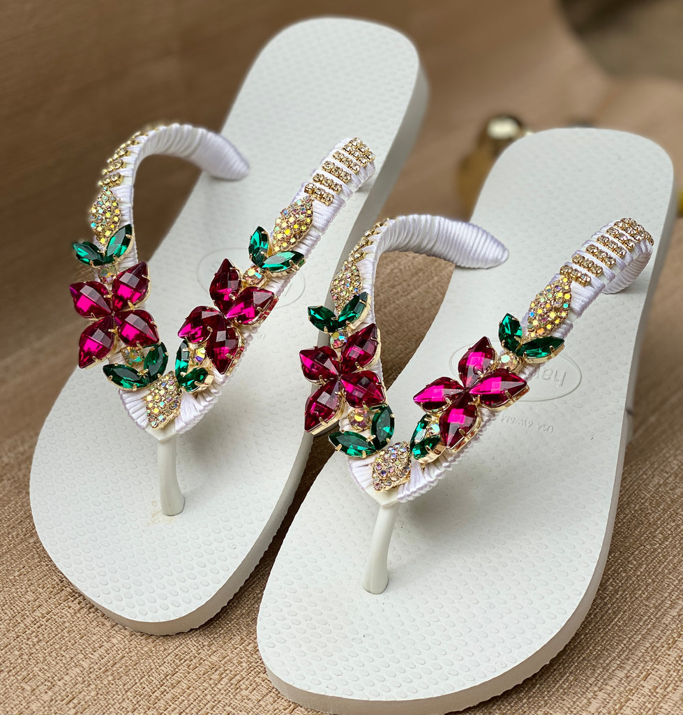 Elevate your summer vacation ensemble with sparkling resort-look sandals, featuring jeweled flip flops that make the perfect gift for embracing the sun-soaked season in style.
